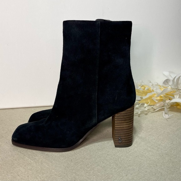 Sam Edelman Osten Black Suede Leather Stacked Heel Mid Calf Boots Shoes 8 - Picture 5 of 15